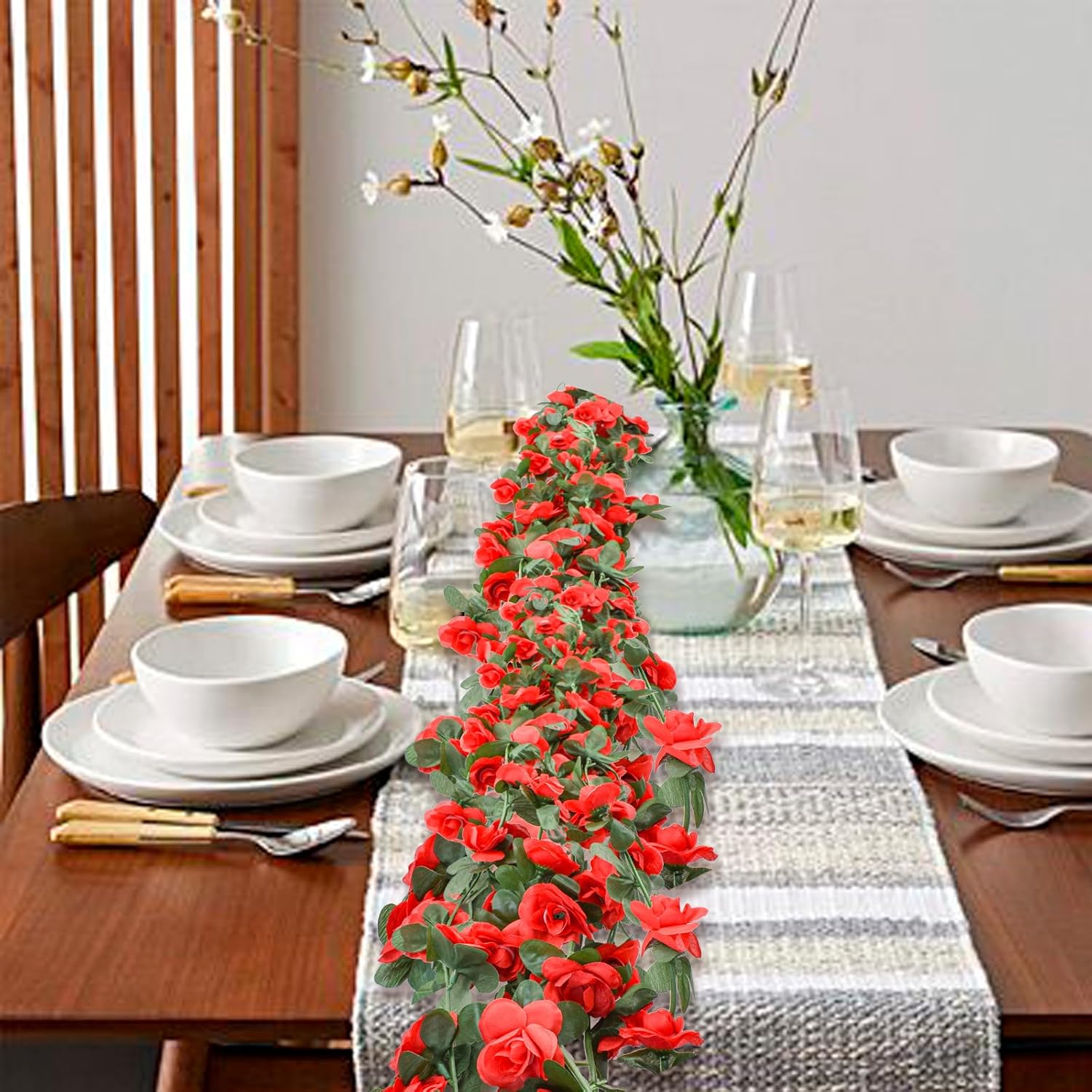 Flower Garland 8Pcs 63Ft Artificial Rose Vine Hanging Flower Vines With Green Leaves Floral Garland For Wedding Wall Arch Party Decor (Red)