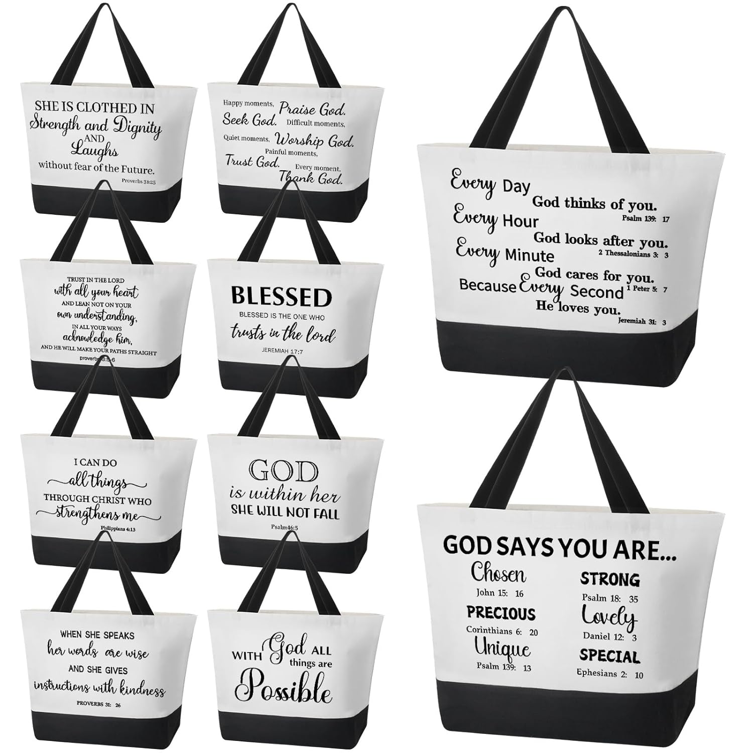 10 Pcs Christmas Christian Tote Bags Bulk Canvas Bible Tote Large Religious Gift Bags Inspirational Gifts For Xmas Women Mothers Church Teacher Birthday(White, Black)