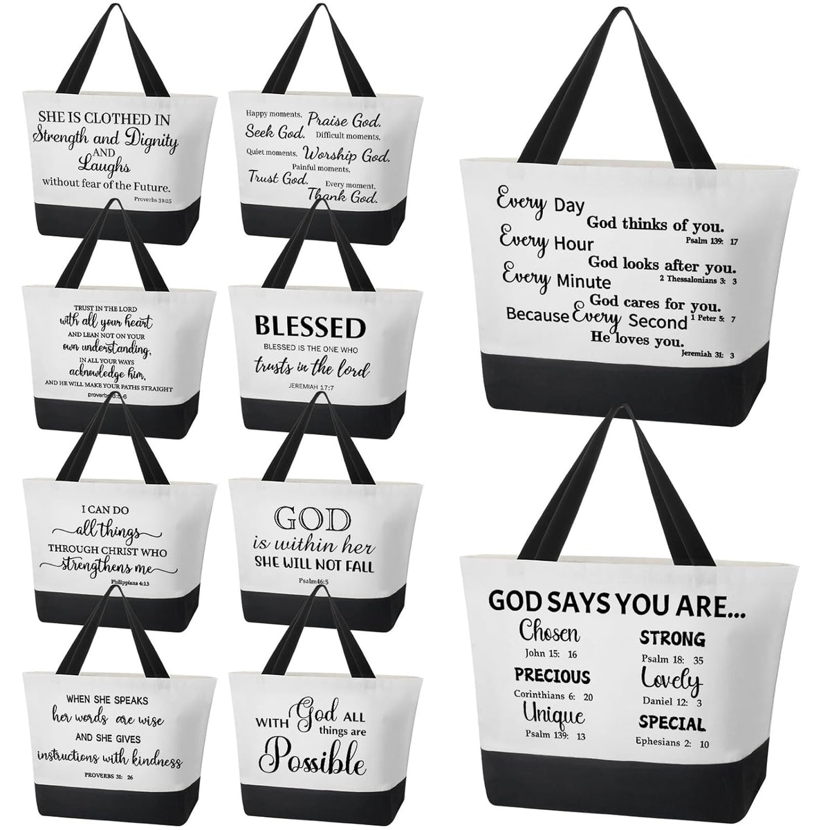 10 Pcs Christmas Christian Tote Bags Bulk Canvas Bible Tote Large Religious Gift Bags Inspirational Gifts For Xmas Women Mothers Church Teacher Birthday(White, Black)