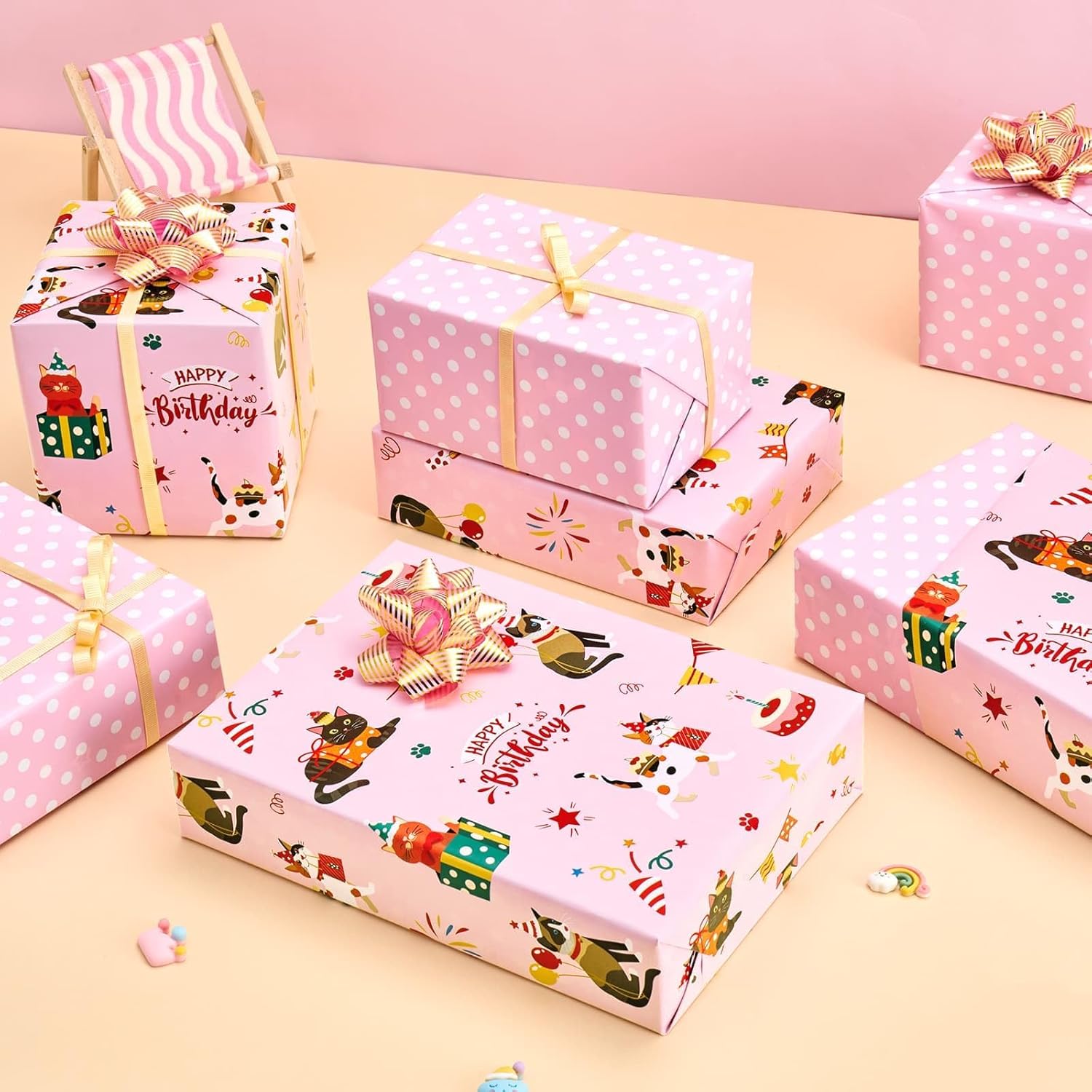 Cat Wrapping Paper Roll - 1 Roll 17”X 33 Ft Happy Birthday Wrapping Paper Pink Cat Birthday Gift Wrap For Kids Girls Adults Kitten Party Baby Shower Decoration Reversible Polka Dot Design