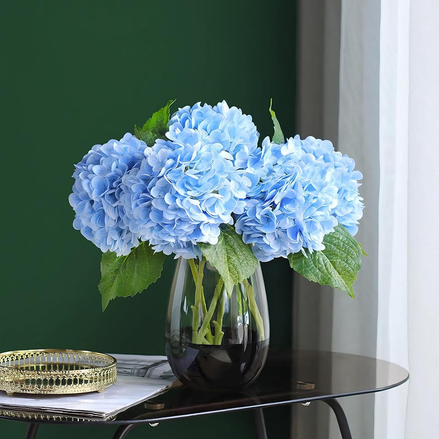Artificial Hydrangea Flowers, 4 Pcs 21 Inch Real Touch Faux Hydrangea Stems For Party Weddings & Home Decor, Floral Arrangements-Light Blue