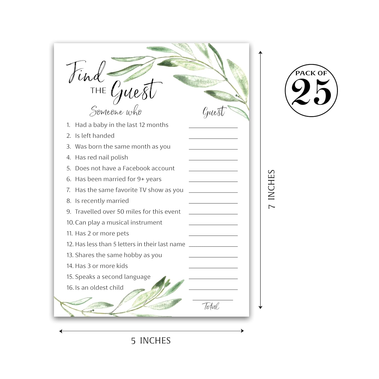 Greenery — Find The Guest Baby Shower Game — Pack Of 25 — Gender Neutral Baby Shower Game, Succulents Green Olive Branch Icebreaker Baby Shower Party Game, Guess Who Came To The Party Game G320-Ftg