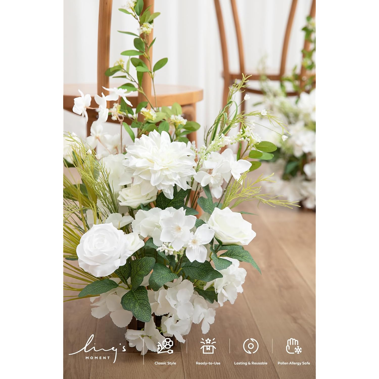 17.5" Tall Free Standing Artificial Flowers Arrangements 2 Pcs Wedding Aisle Runner Chair Decorations Lily White Green Centerpieces For Ceremony Reception Rose Floral Floor Party Outdoor