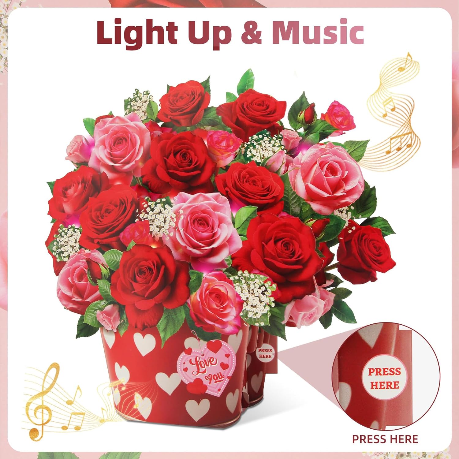 Pop Up Valentines Day Card With Music & Light, Valentines Day Gifts For Her Him, Rose Bouquet Greeting Card, Mothers Day Card, Anniversary Birthday Gifts For Women Mom Sister