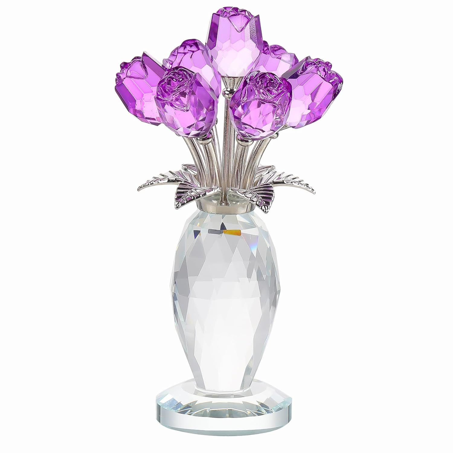 Crystal Purple Rose Flower Bouquet Figurine With Vase, Handmade Glass Rose Flower Gifts For Women On Mother'S Day Anniversary, Crystal Flowers With Stem Home Table Decor For Christmas