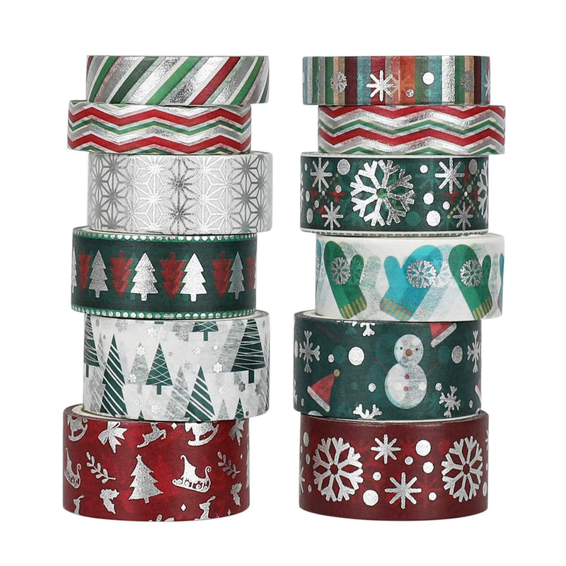 Christmas Washi Tape Set - 12 Rolls Winter Holiday Foil Decorative Tapes With