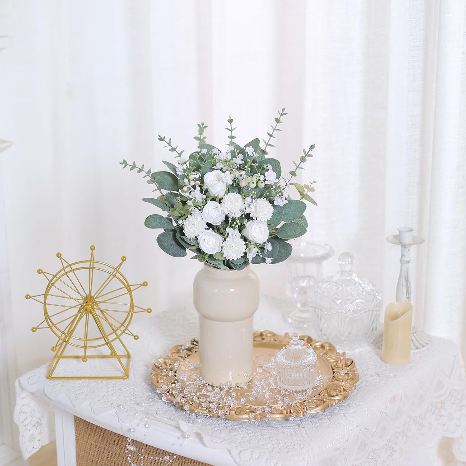 110 Pcs 7 Kinds Mixed Artificial Eucalyptus Stems And Faux Flowers,Fake Silver Dollar Eucalyptus Leaves Stems Bulk Real Touch Leaf Branches For Diy Bouquets Floral Arrangement Wedding Home Decor