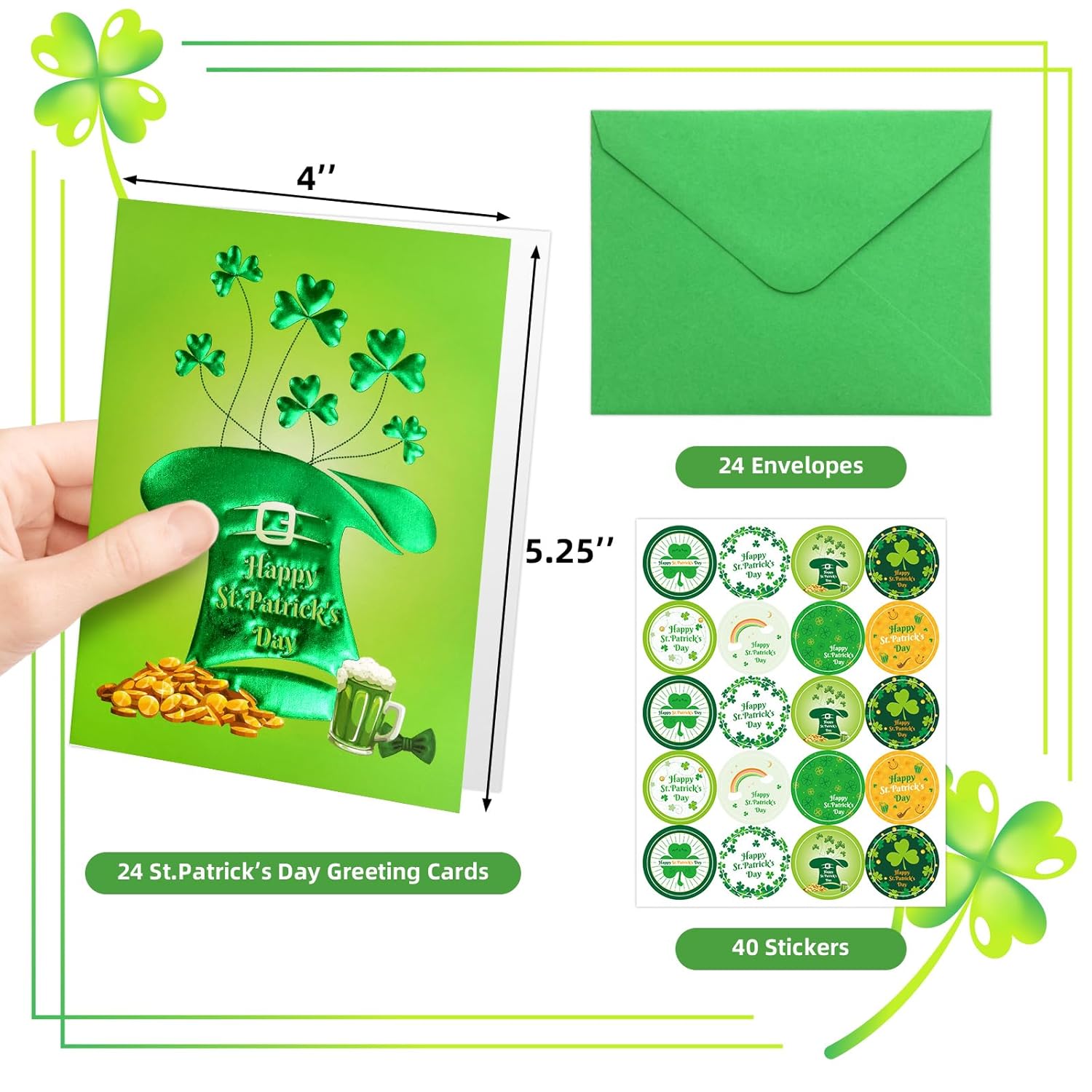 24 Pack St.Patrick'S Day Cards With Envelopes Embossed Shamrock Cards Blank Inside Party Supply Green