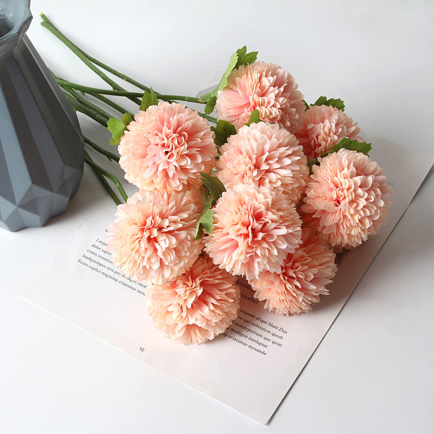 12Pcs Artificial Flowers Chrysanthemum Ball, Silk Floral Arrangement Fake Flowers Bouquet Long Stem Hydrangea For Home Office Coffee House Parties And Wedding Decor (Pink)
