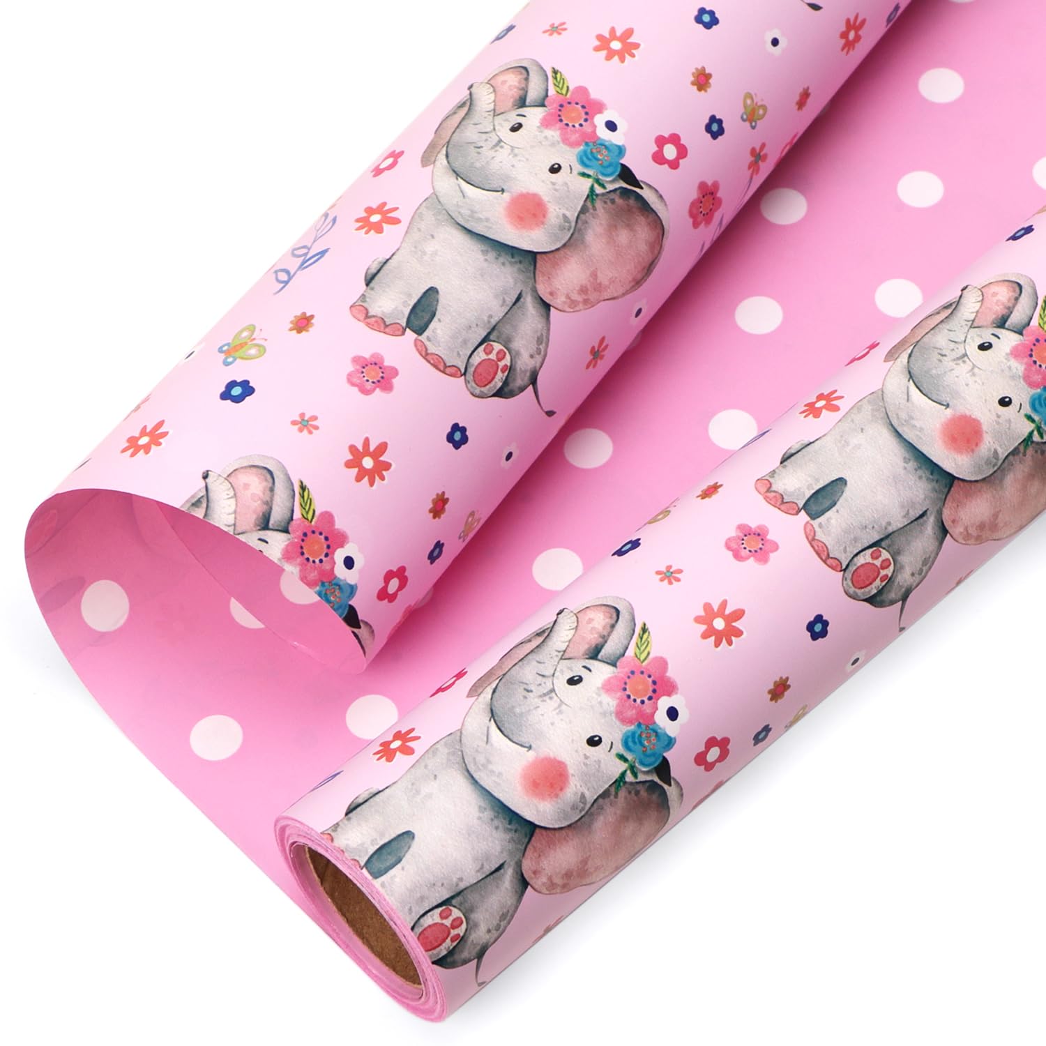 Reversible Baby Girl Wrapping Paper Elephant With Pink Polk Dots Paper For Baby Shower Kids Birthday Party - 17Inch X 394Inch(33Feet)