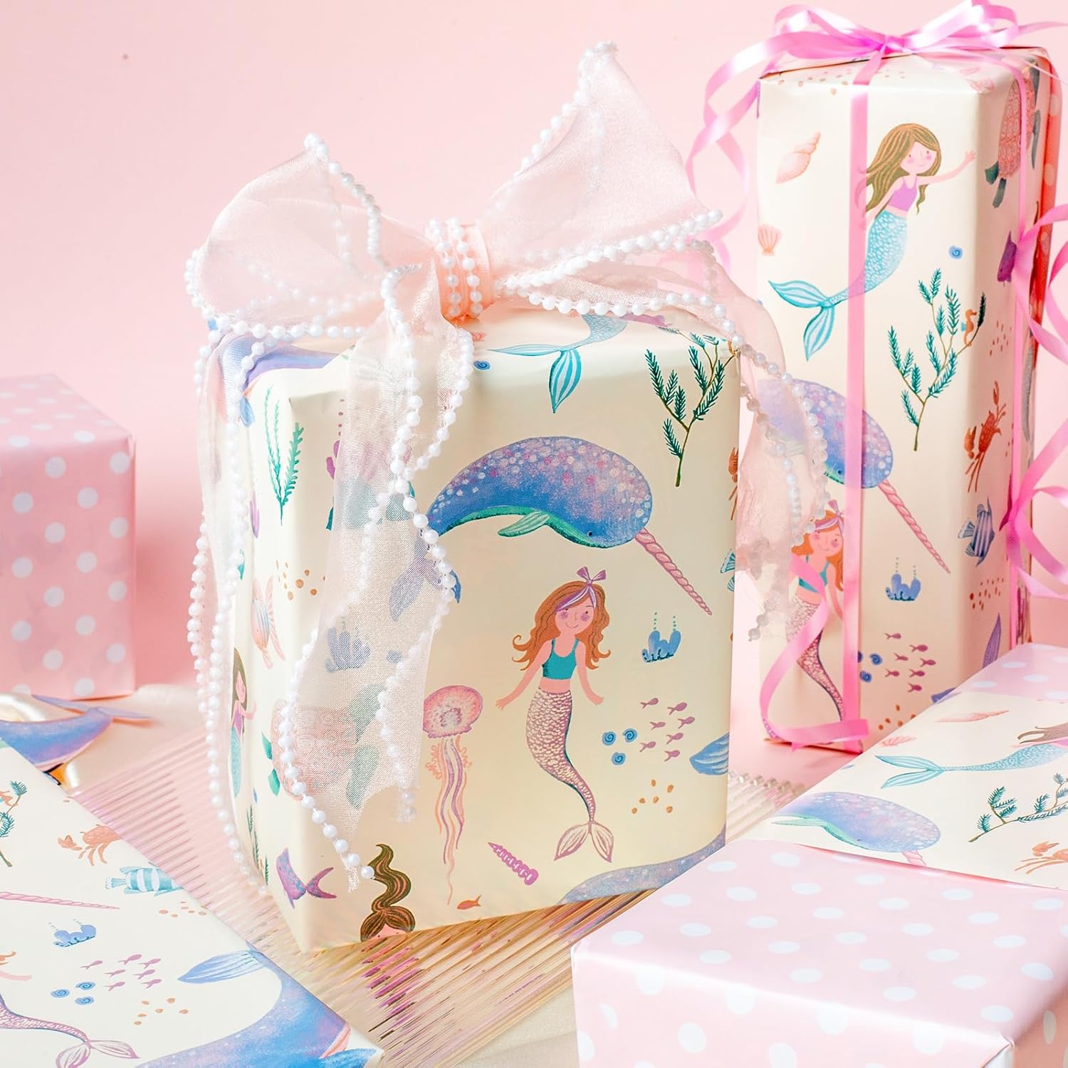 Reversible Mermaid Wrapping Paper Roll,Metallic Foil Whale,Turtle And Sea Creature With Pink Polka Dot For Kids,Girlsbirthday,Baby Shower,Mini Roll?17 In X 16.5 Ft?