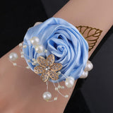 5Pcs Pearl Beaded Satin Wrist Corsage Artificial Flowers, Women Corsages Wristlet Décor For Prom/Wedding/Anniversary, Etc. (Baby Blue)