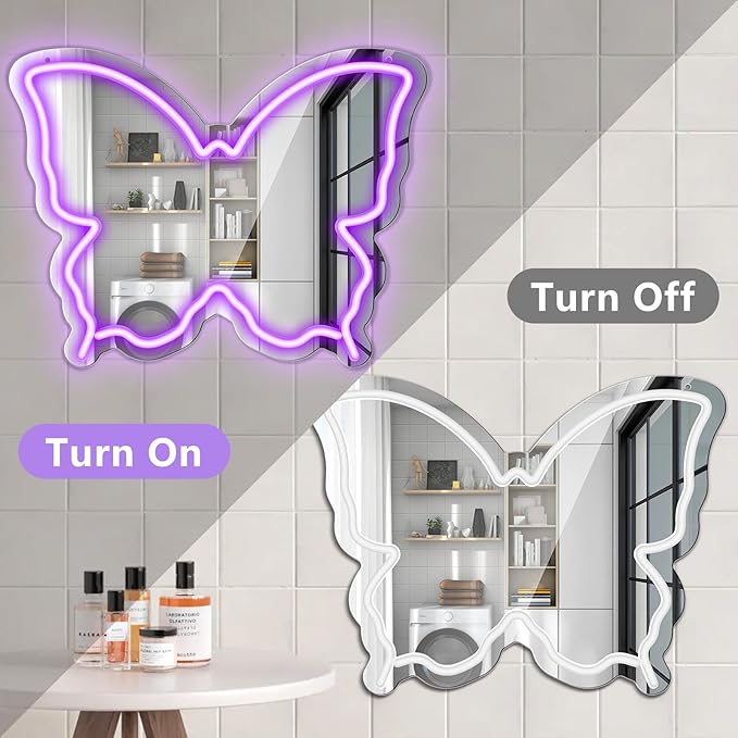 Butterfly Neon Sign Mirror Purple LED Wall Light USB Dimmable Bedroom Decor for Girls Kids