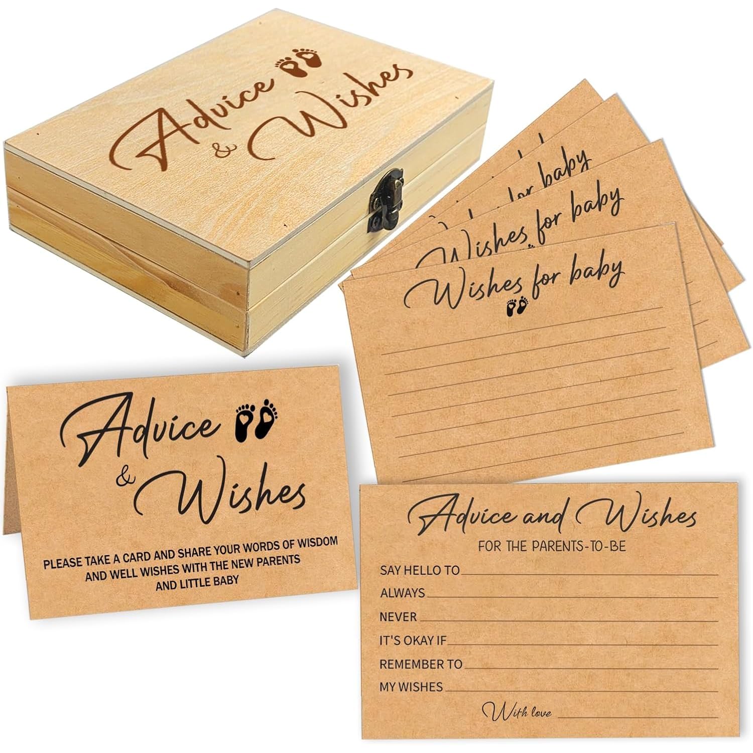 50 Pcs Baby Shower Advice Cards With Wooden Box, Premium Thick 4.8" X 3.2" Advice And Wishes Cards Baby Shower Keepsakes, Advice For Parents To Be, Baby Shower Game, Activities For Guests
