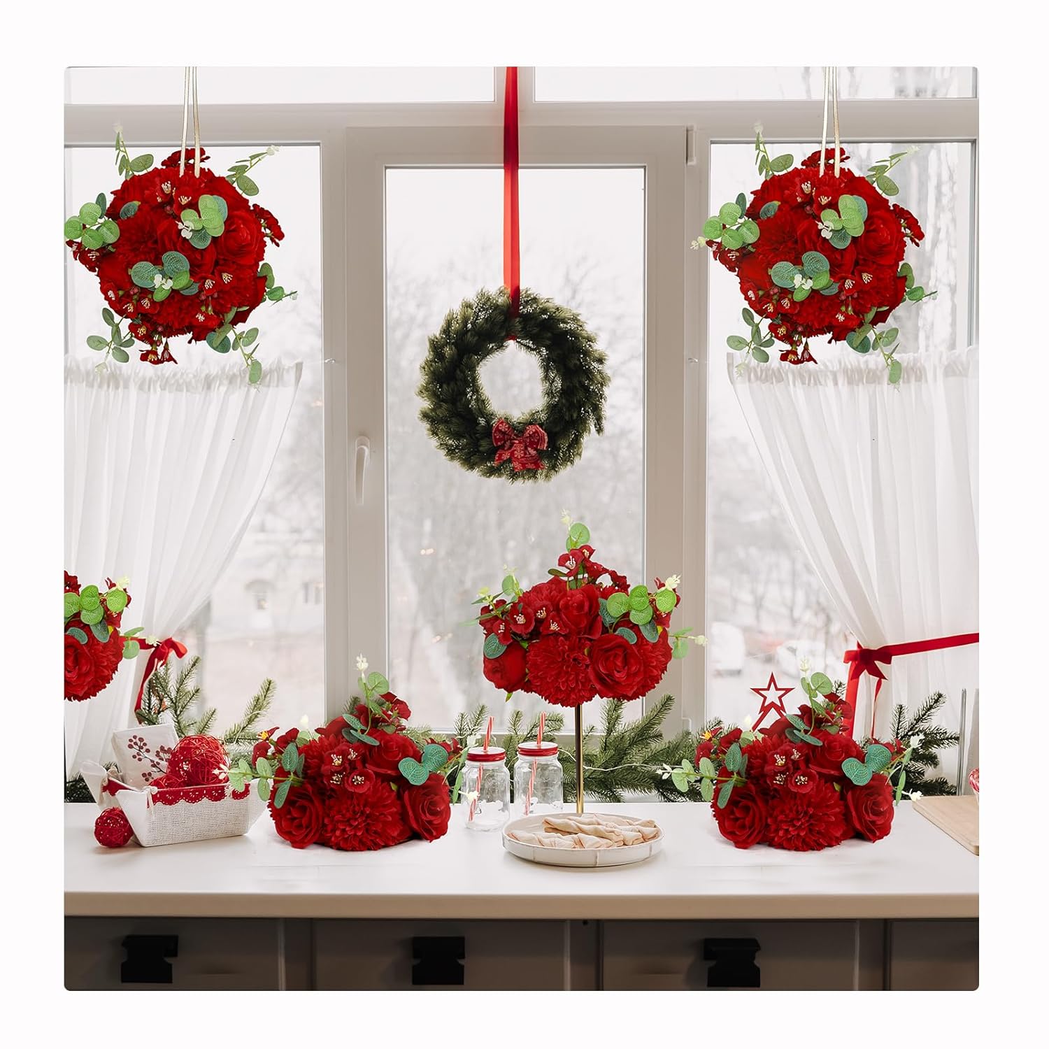 6Pcs Wedding Centerpieces For Tables 9.8" Artificial Flowers Rose Ball Arrangements Silk Flower Balls Floral For Valentine'S Day Party Table Home Decor ?Red?