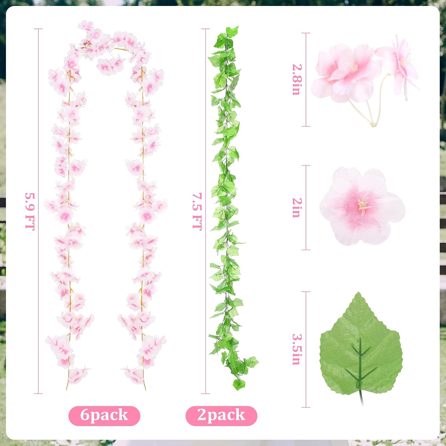 6Pcs 50.5Ft Artificial Cherry Blossom & Grape Leaf Garland Set – Silk Pink Cherry Blossom Vines With Greenery For Wedding, Party, Home Decor