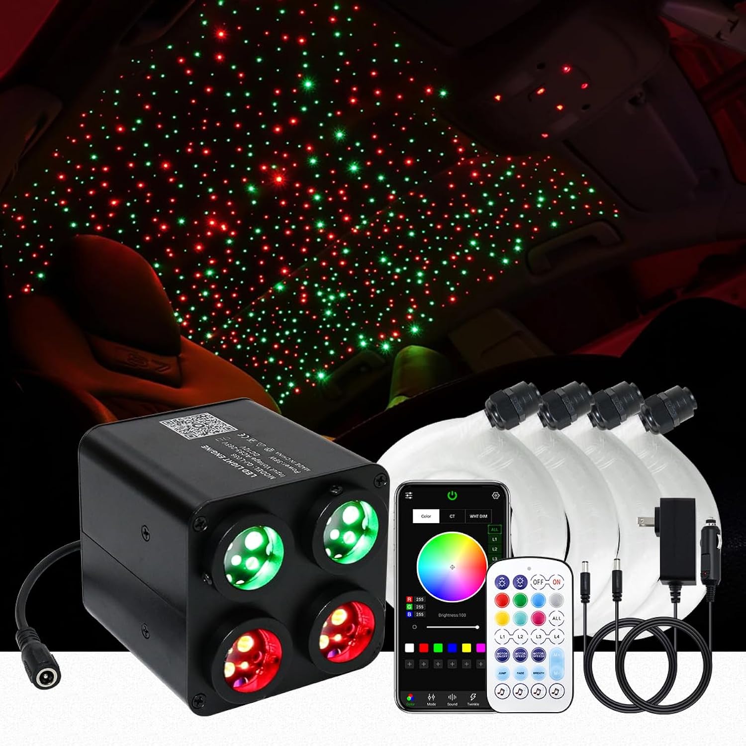 4 Colors 36W Twinkle Starlight Headliner Kit With Bluetooth App+Remote Control, 9.8Ft Total 800Pcs*0.75Mm/0.03In Optical Fiber Cables Music Sync Fiber Optic Star Ceiling Sky Lights For Car Home