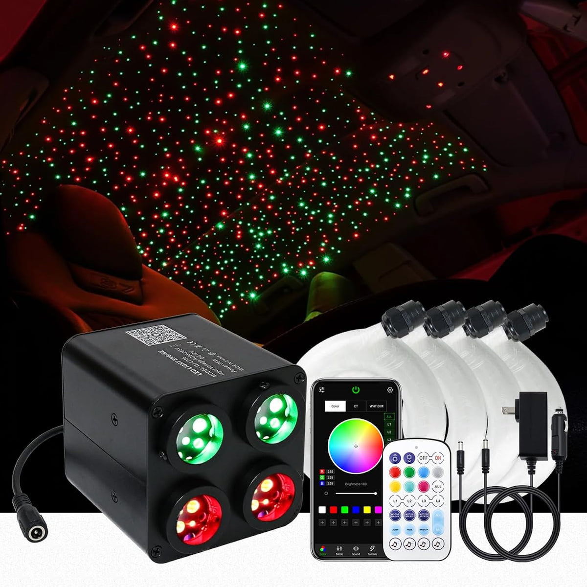 4 Colors 36W Twinkle Starlight Headliner Kit With Bluetooth App+Remote Control, 9.8Ft Total 800Pcs*0.75Mm/0.03In Optical Fiber Cables Music Sync Fiber Optic Star Ceiling Sky Lights For Car Home