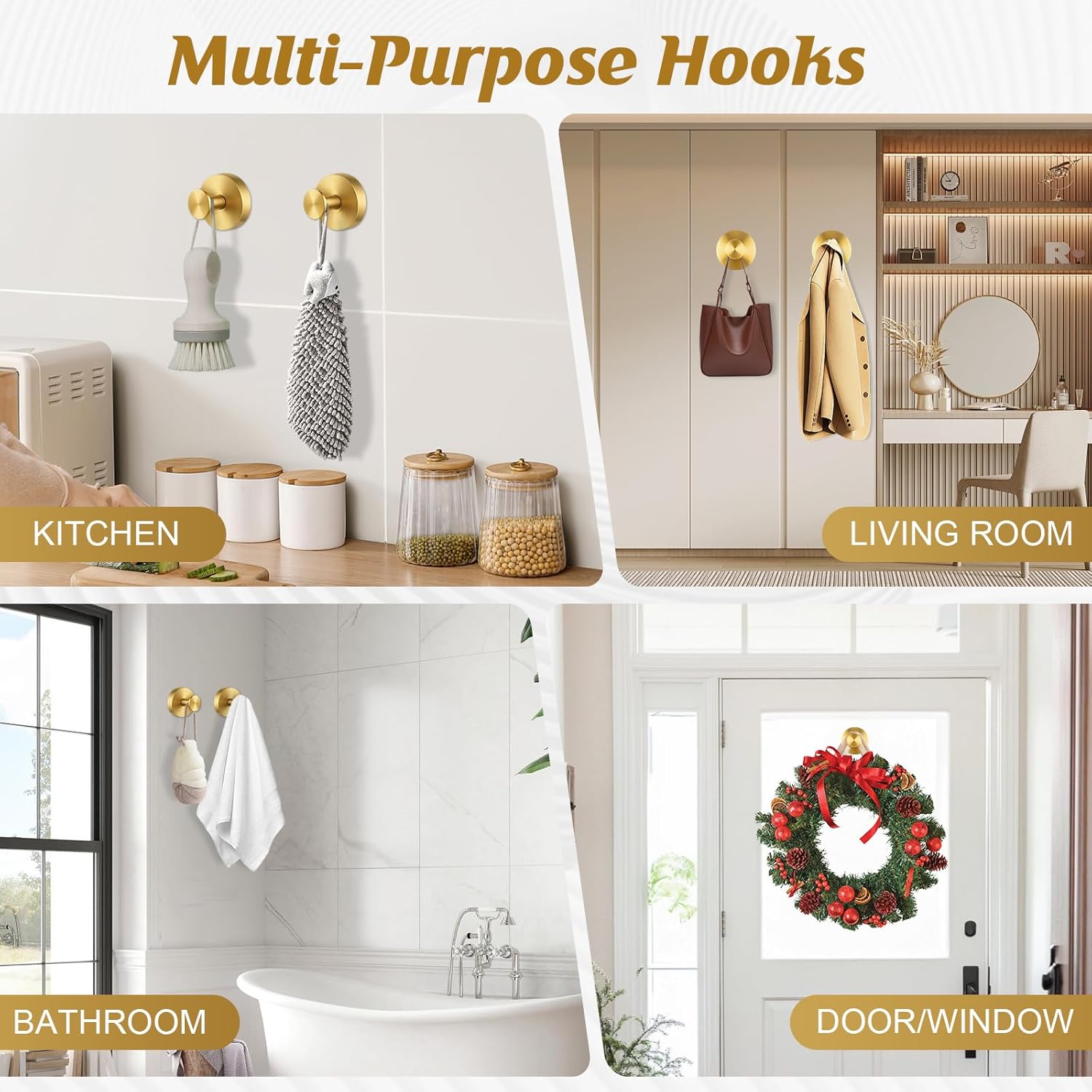 Suction Cup Hooks For Wreaths, Removable Towel Hooks For Bathrooms, Kitchen, Glass, Window & Tile, Wreath Hangers For Front Doors, Christmas Decorations, No Drill Required - 2 Pack, Gold