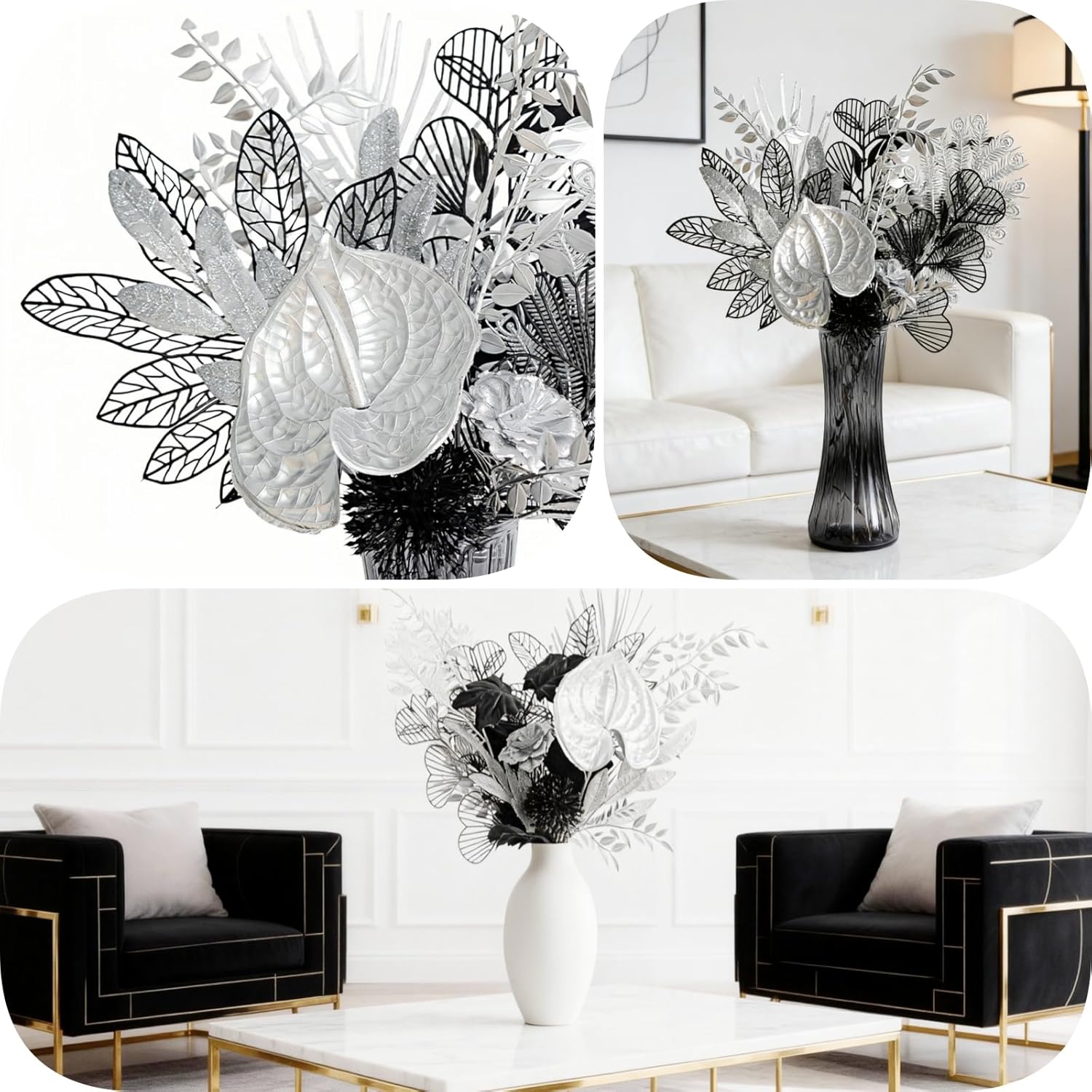 Modern Silver & Black Artificial Flower Bouquet - Metallic Faux Floral Arrangement For Home Decor, Bathroom/Table Centerpiece, Minimalist Decorative Fake Plants