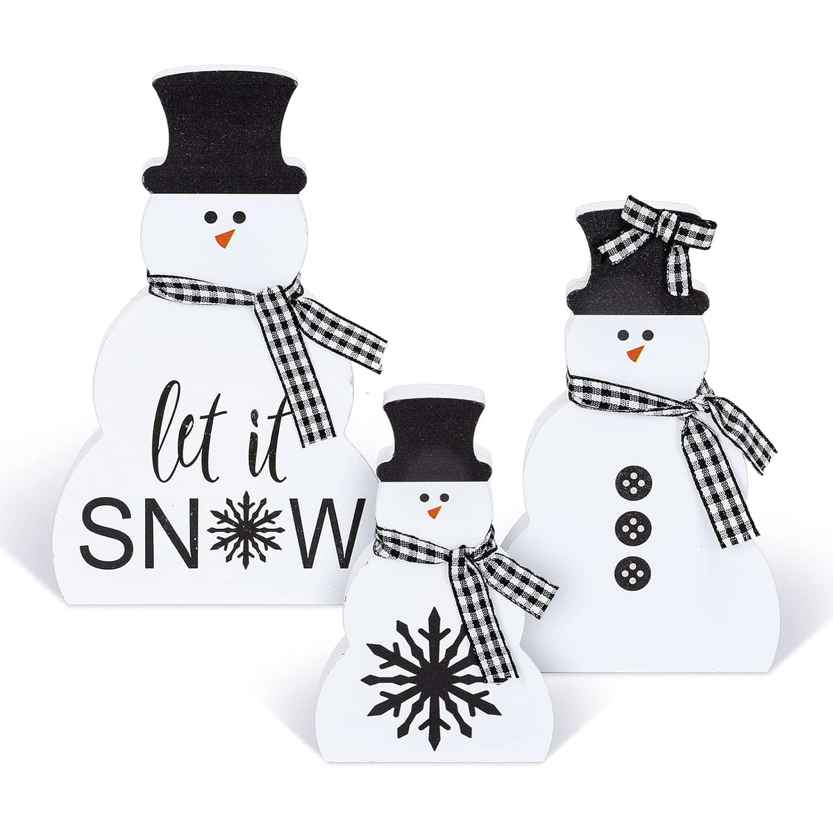 3Pcs Christmas Snowman Wooden Decorations Black White Wood Centerpiece With Plaid Ribbon Xmas Tiered Tray Decor Rustic Blocks For Home Mantel Fireplace Tabletop