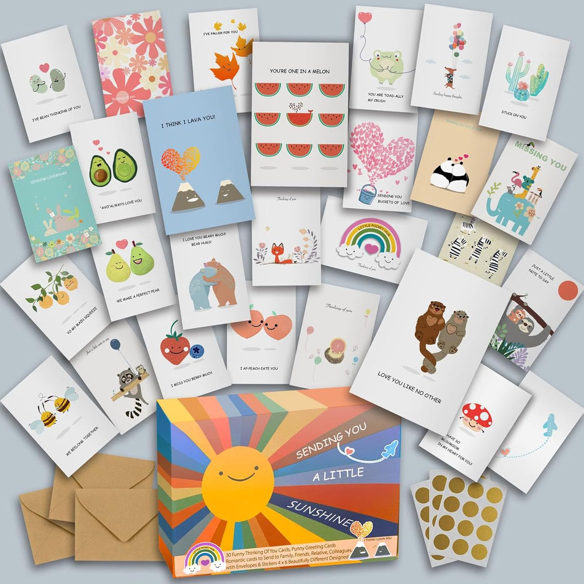 Thinking Of You Cards, 30 Punny Greeting Cards Thinking Of You Cards With Envelopes & Stickers, Friendship Cards Different Designed Romantic Cards To Send To Family, Friends, Relative, Colleagues