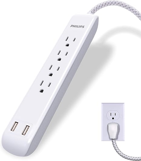 Philips 4 Outlet Power Strip Surge Protector with 2 USB Ports, 4 Ft Power Cord, Designer Braided Extension Cord, Flat Plug Extension Cord, 720 Joules, White, SPC6244WC/37