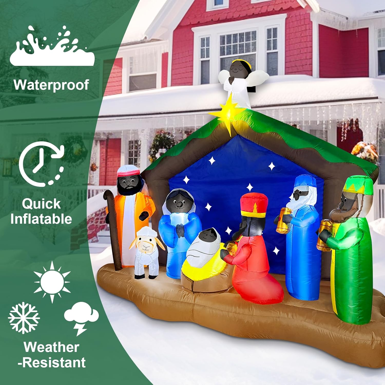 8 Ft Long 5.5 Ft Tall Christmas Inflatables African American Black Nativity Scene Set Outdoor Decorations With Angel, Bu