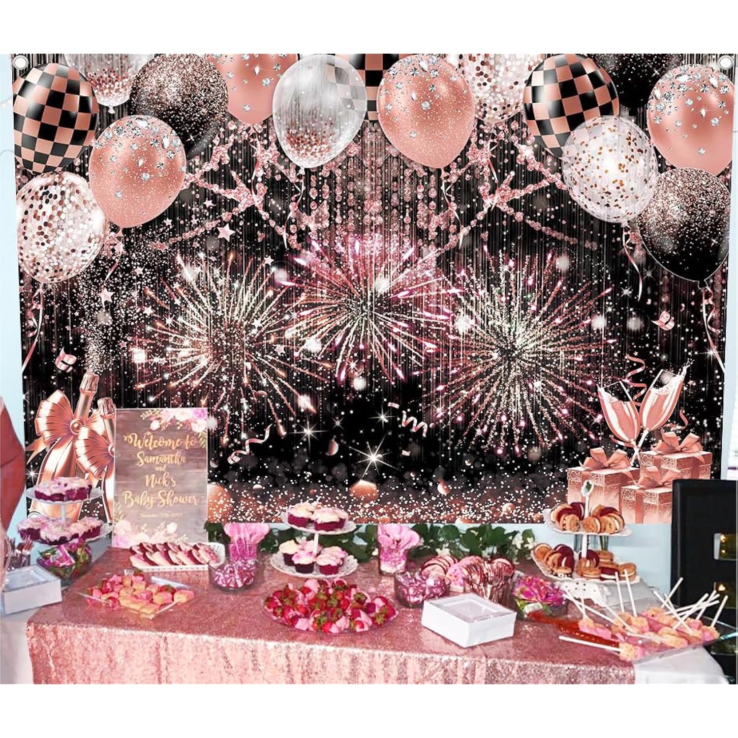 Black Pink Glitter Backdrop 7x5ft Balloon Party Photography Banner