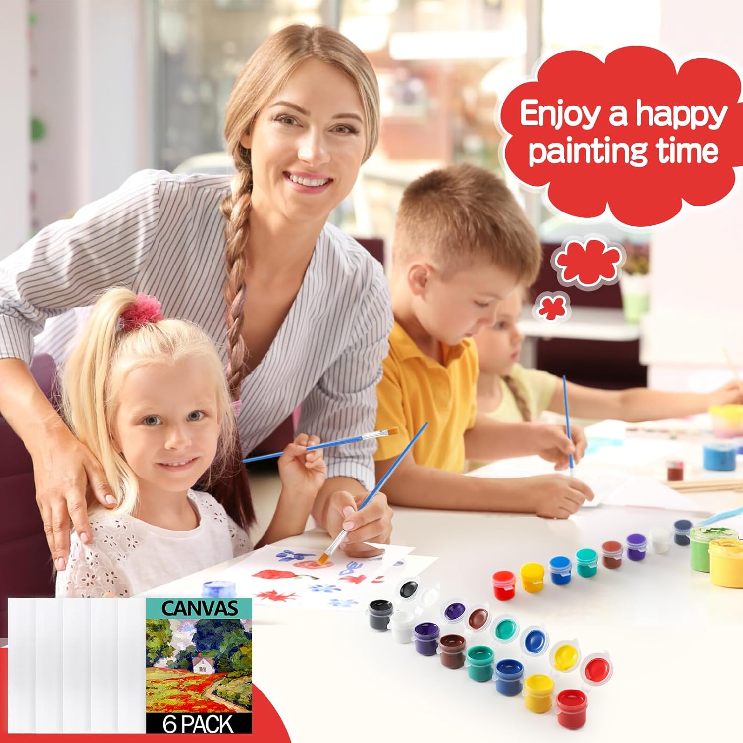 Mini Acrylic Paint Sets For Kids,12 Pcs Paint Strips In 8 Colors With 12 Paintbrushes,Washable Watercolor Paint Set With 6 Pcs Painting Canvas,Birthday Home Party Favors