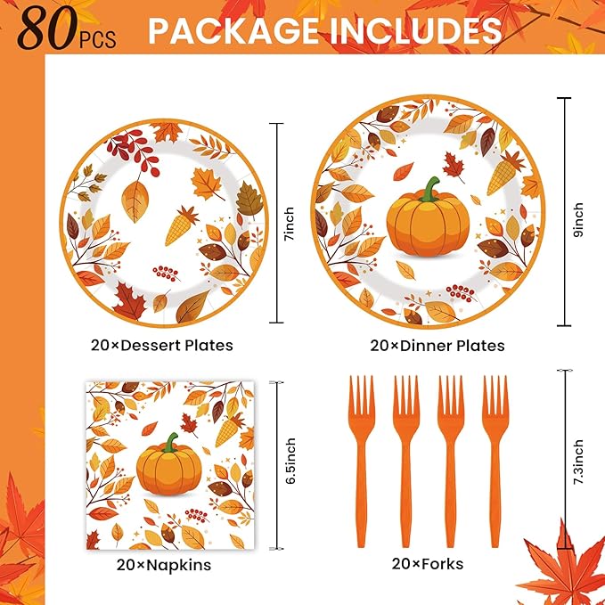 Thanksgiving Paper Plates and Napkins Set 80 Pcs Fall Disposable Tableware for 20 Guests