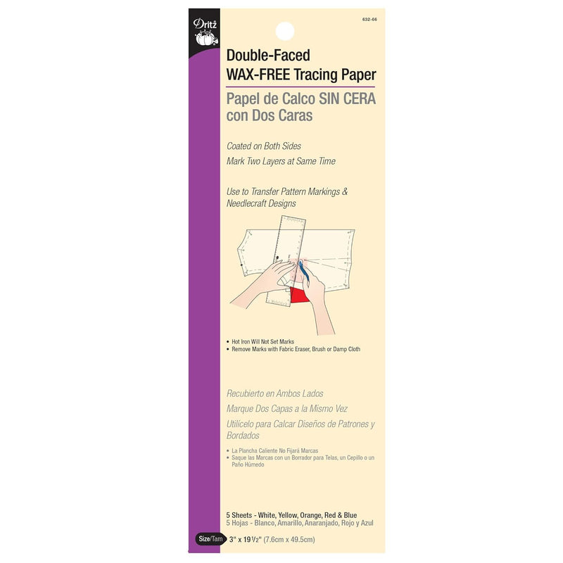 Dritz Double-Faced & Wax Free, 5 Sheets, Multicolor Tracing Paper, 3 X 19-1/2-