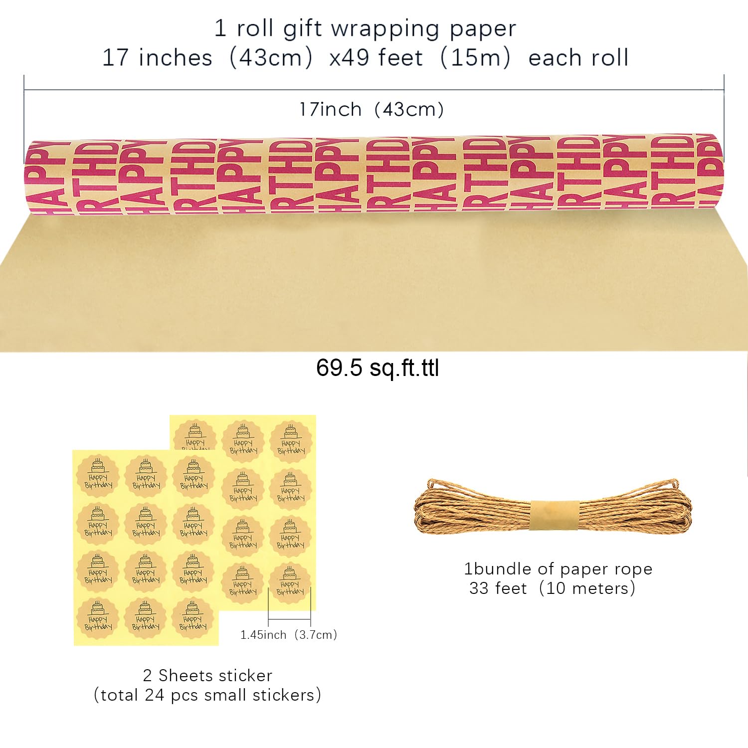 Birthday Wrapping Paper Roll, Red And Brown Kraft Happy Birthday Wrapping Paper Jumbo Roll, Gift Wrap Paper Set For Men Women Boys Girls, 17X590 Inch (70 Sq. Ft.)