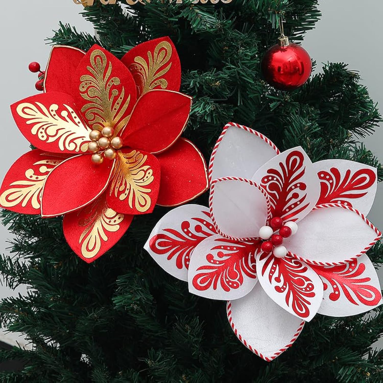 4 Pcs Large Christmas Flower Ornaments Tree Decorations,Christmas Poinsettia Artificial Christmas Flowers With Stems For Xmas Tree Wreath Garland Wedding Party Decor (White)
