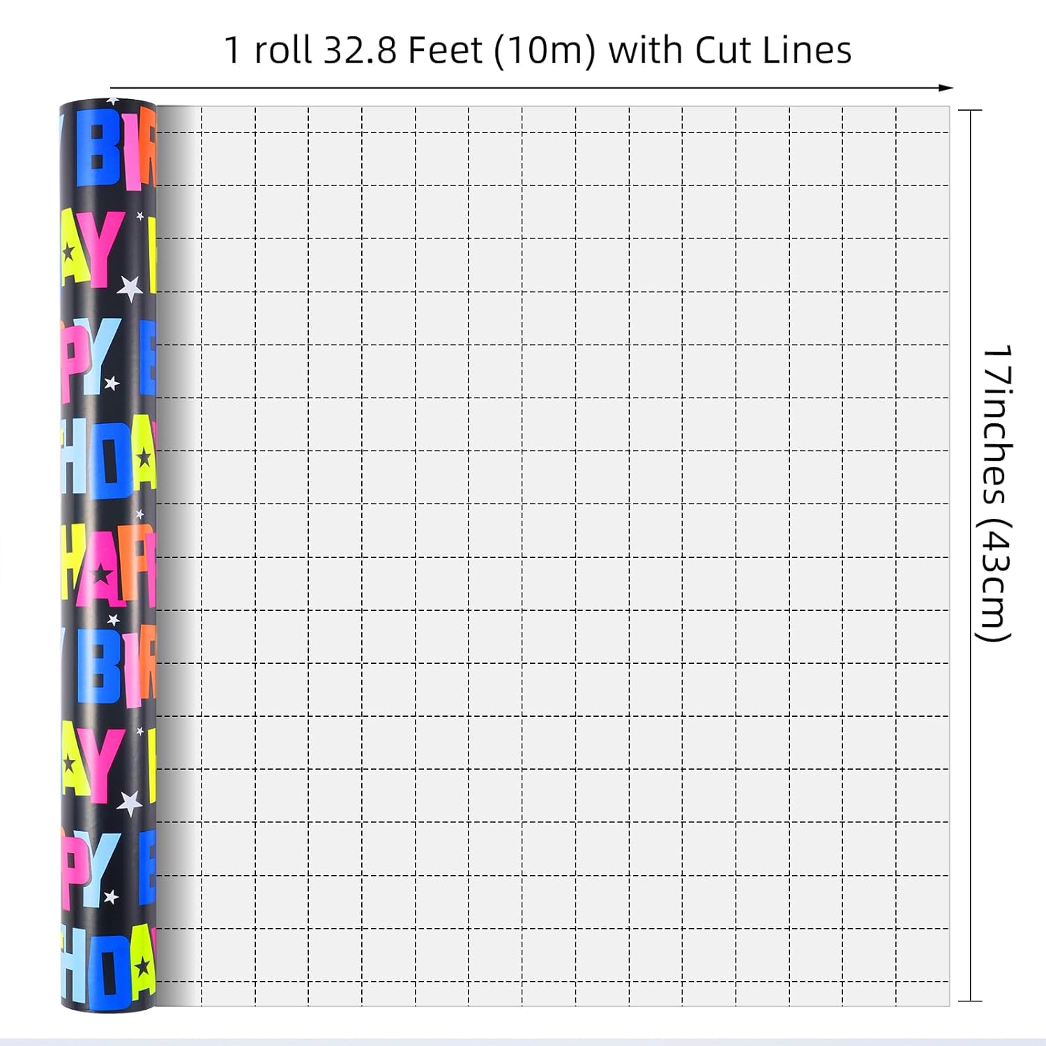 Birthday Wrapping Paper Roll, Gift Wrapping Paper With Grid Cut Lines, Colorful Happy Birthday Pattern For Boys Girls, 17 Inch X 32.8 Feet Per Roll For Party, Baby Shower