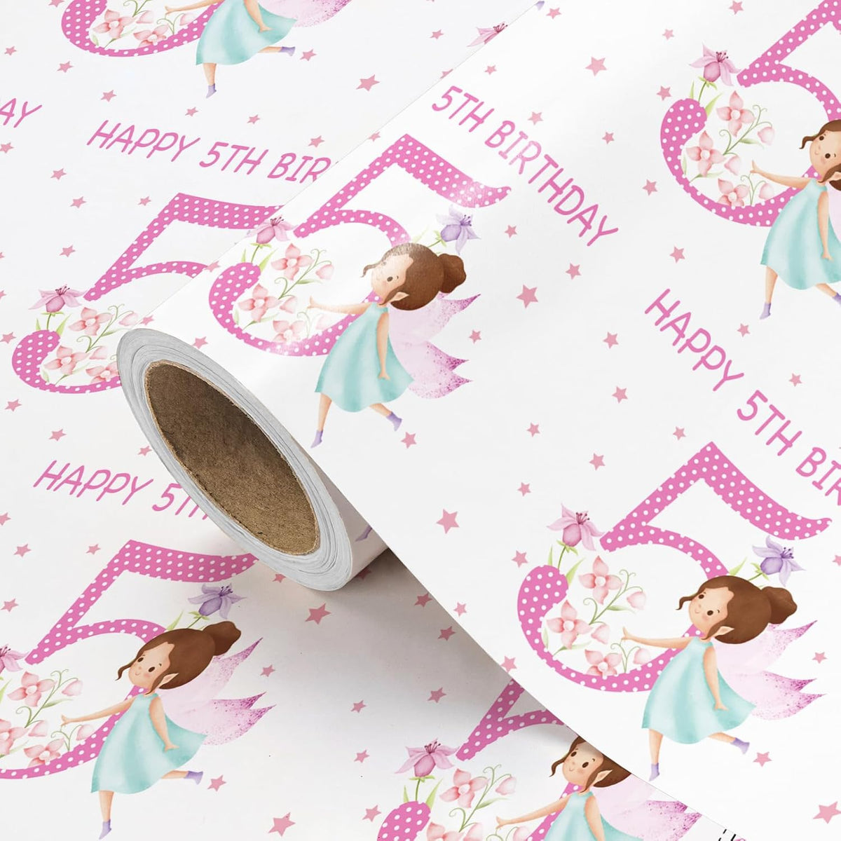 Girls 5Th Birthday Wrapping Paper Roll - Mini Roll - 17 Inch X 16.5 Feet - Girl Fairy Happy 5Th Birthday Wrapping Paper Perfect For Kids Girls, Baby Shower, Party