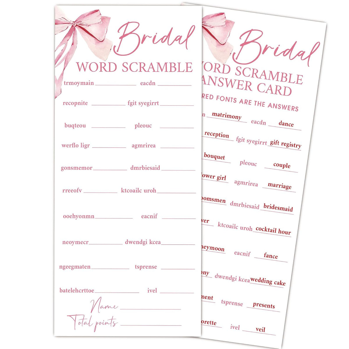 Pink Bow Wedding Shower Games, Word Scramble Wedding Games For 25 Guests, Engagement Bridal Shower Party Cards, Engagement & Bridal Party Supplies-4X9 Inch-A06