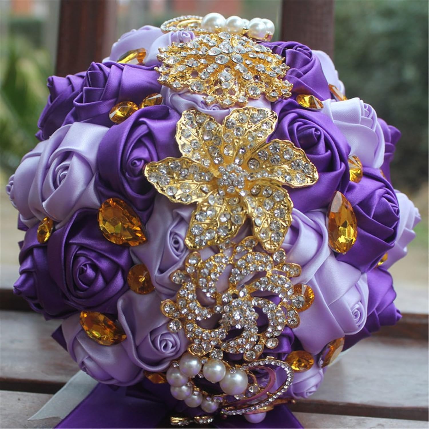 Handcraft Crystal Satin Rose Brooch Bridal Holding Wedding Bouquet Brooch Bouquet, Lace Decorated Bouquet, Wedding Flower Arrangements Bridesmaid Bouquet(Purple)