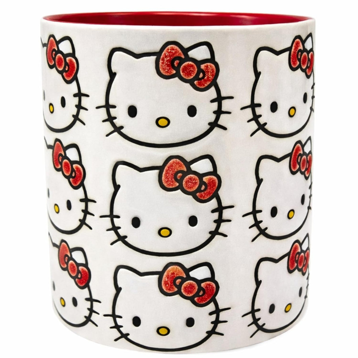Blue Sky Clayworks Hello Kitty Face Pattern Red Ceramic Candle, Vanilla Cupcake Scent, 3.5" L x 3.5" W x 4" H, Bow Parade Glow