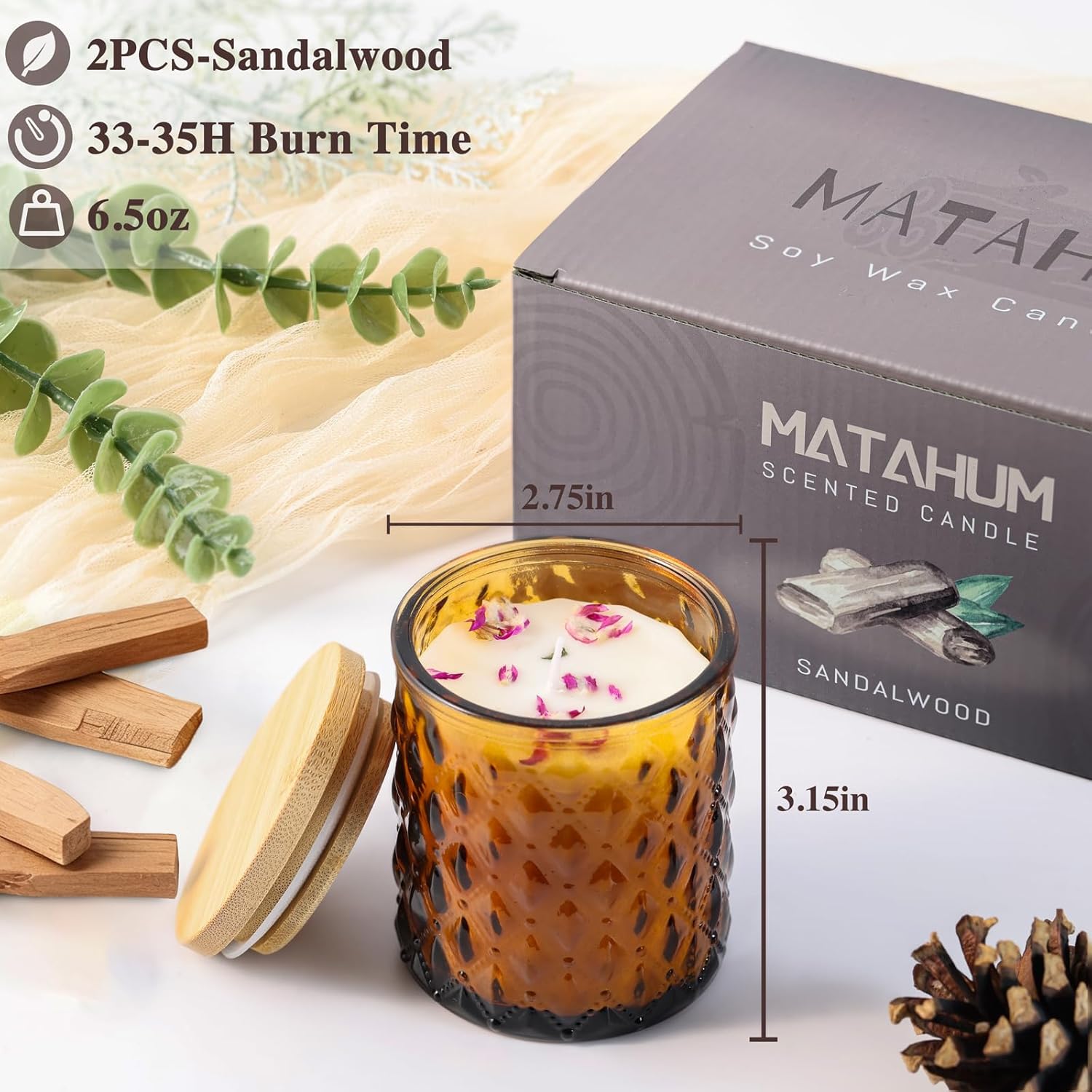 2 Pack Sandalwood Scented Candles For Home Decor, 6.5Oz Natural Soy Wax Aromatherapy Jar Candles, Housewarming Gift For Women