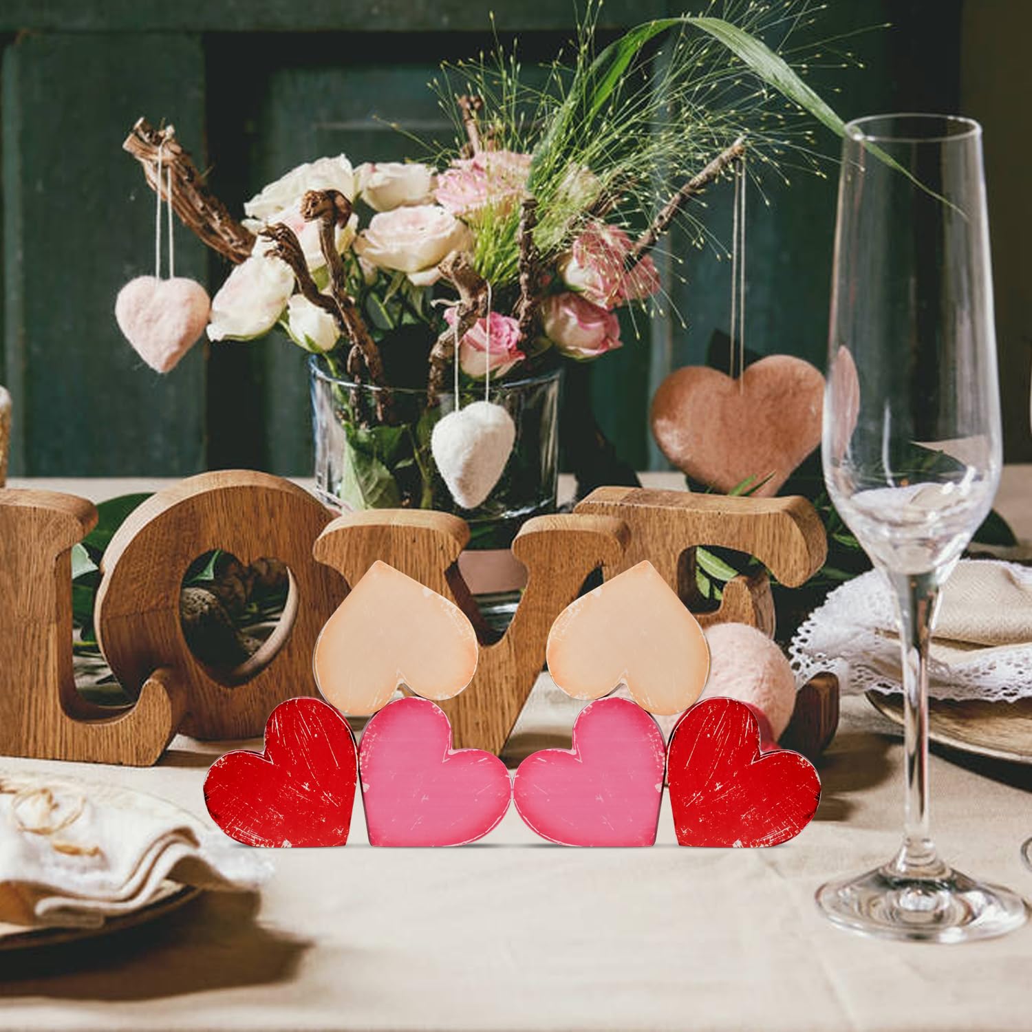 Valentines Day Decorations,6 Pcs Rustic Wooden Heart Table Decor, Valentine Tiered Tray Decor, Romantic Valentines Table Decorations For Home Office Centerpiece Fireplace Farmhouse