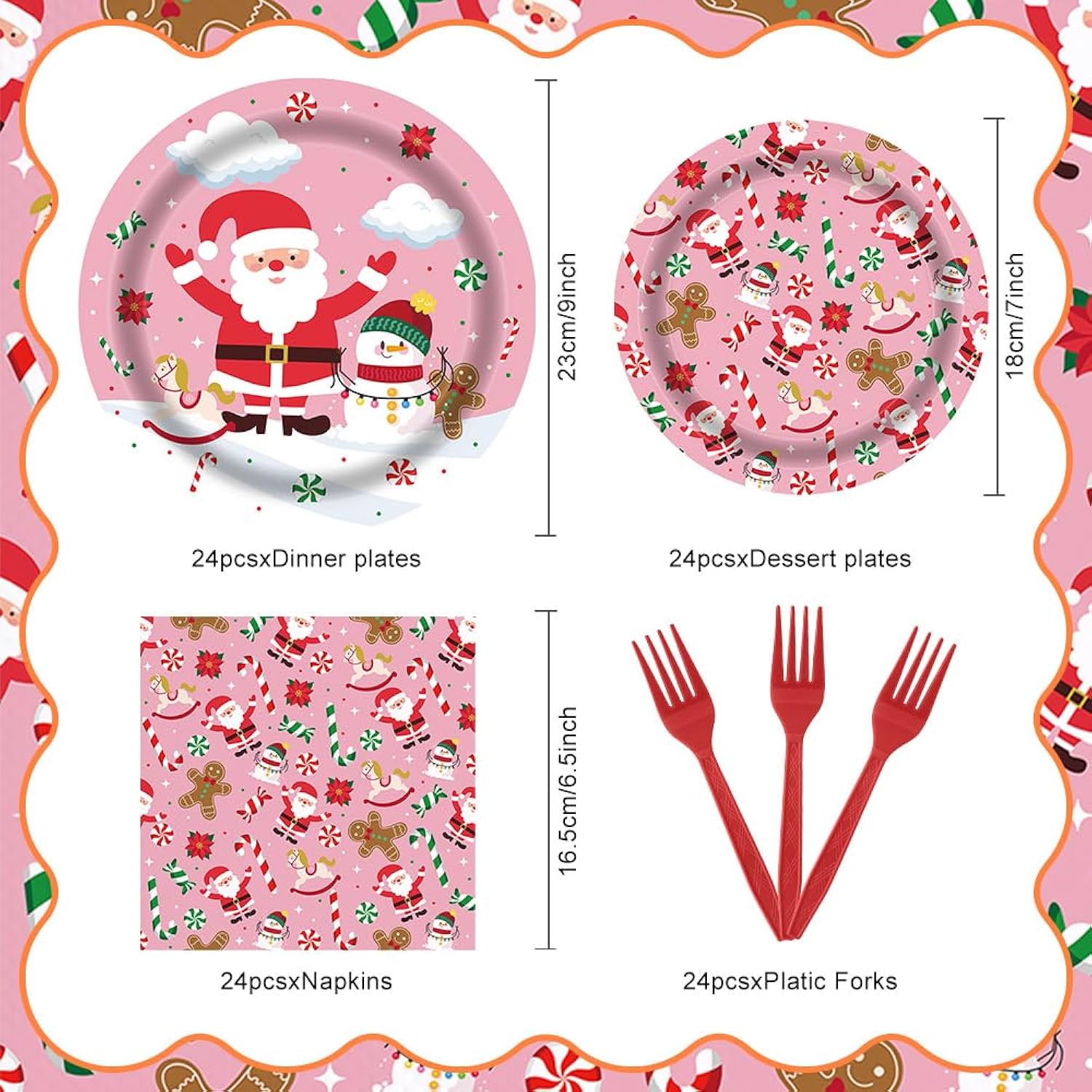 Christmas Gingerbread Man Santa Claus Pink Tableware Set 96 Pcs Disposable Plates Napkins Forks Candy Cane Snowman Pattern Santa Merry Christmas Party Decorations Serve 24 Guests