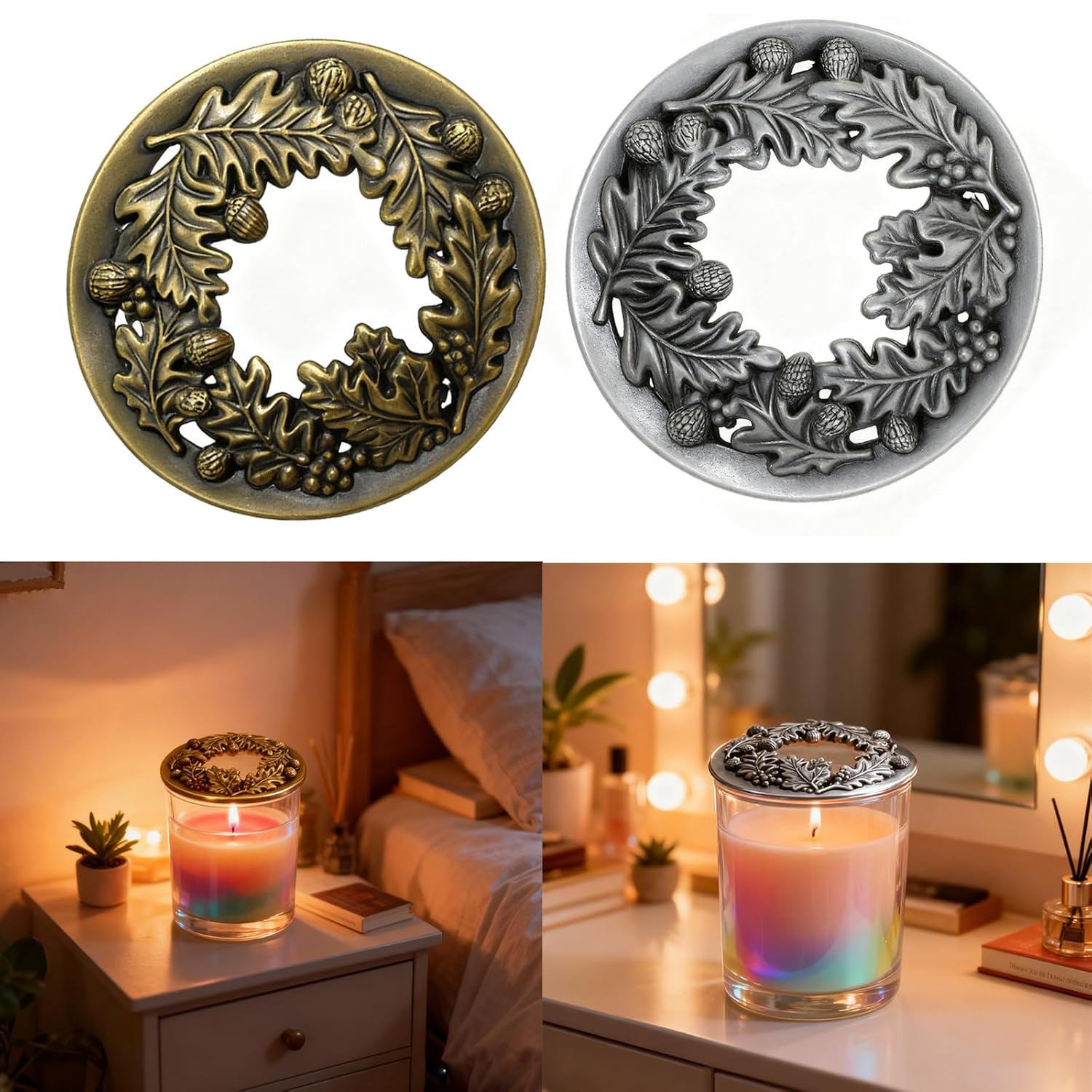 Lid Jar Candle Topper Scented Leaf Pine Candle Toppers Cover Accessory Shade Sleeves For Women, Help Burn Melt Evenly,Gifts For Candle Lovers,3.19Inch In Diameter (Antique Silver And Antique Bronze)