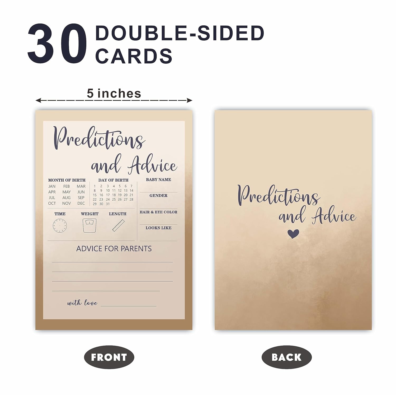 Baby Shower Prediction And Advice Game Kit - 30 Khaki Double Side Fill-In Game Cards For Baby Boy & Girl - Gender Reveal, Baby Announcement, Gender Neutral, Party Favor & Decorations - F2