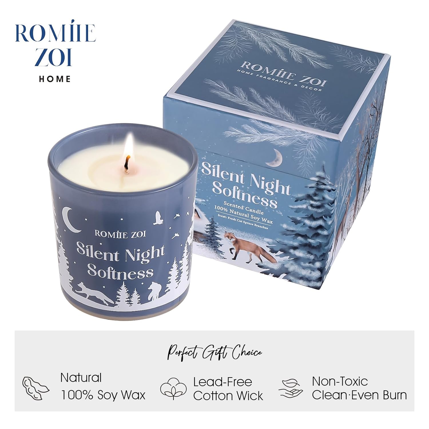 Christmas Scented Jar Candle - 6Oz Soy Wax Candle - Silent Night Softness Infused With Fresh Cut Spruce Branches Aroma - With Beautiful Keepsake Box Special For Christmas/Holiday Gifts