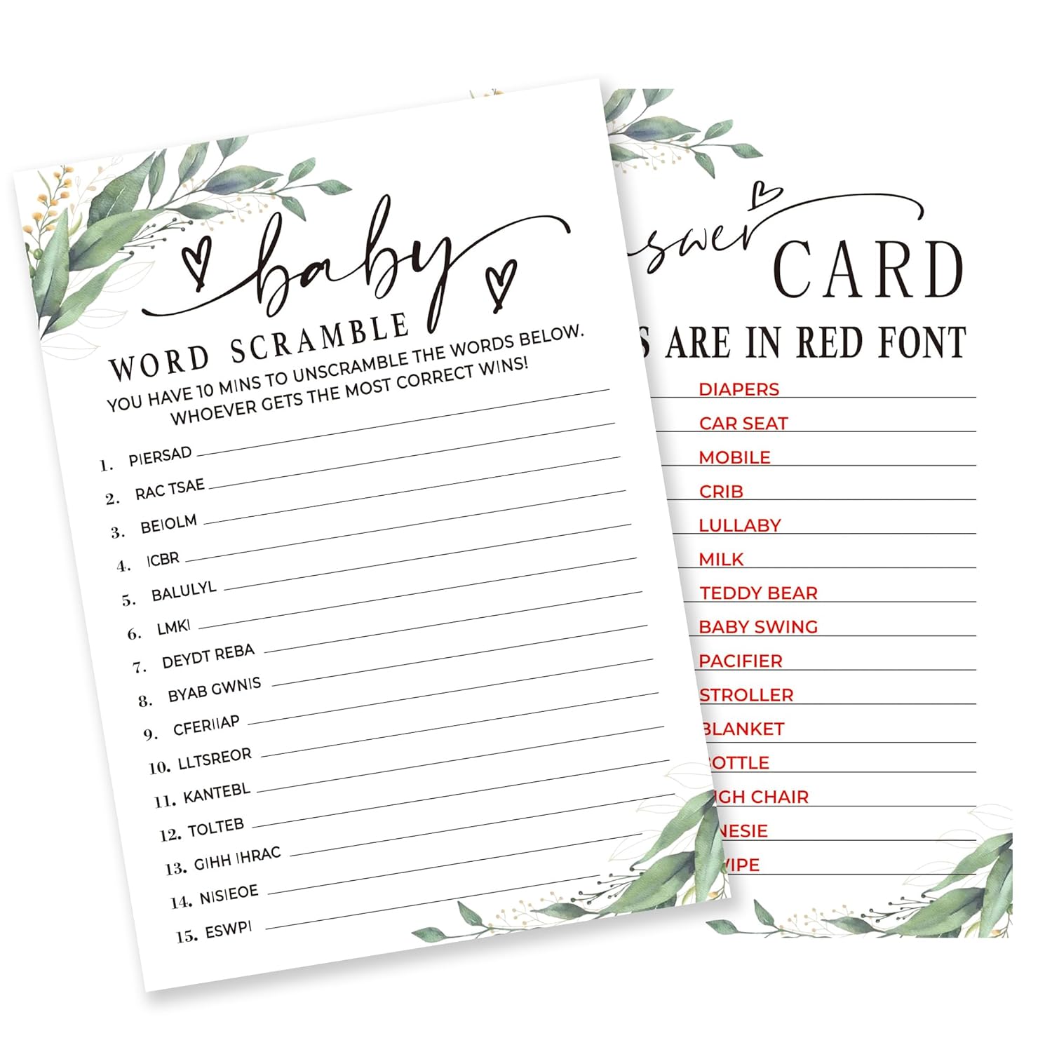 Word Scramble Game Kit For Baby Shower - 30 Greenery And White Cards With Answer Card For Girl Or Boy - Gender Reveal, Announcement, Party Favor, Decorations & Supplies-B14