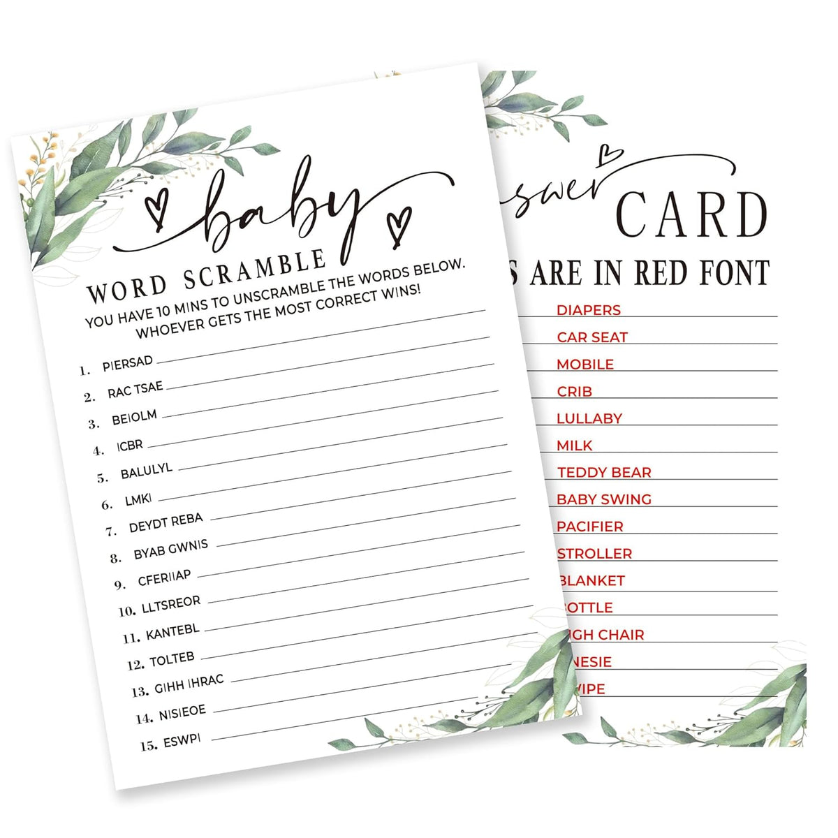 Word Scramble Game Kit For Baby Shower - 30 Greenery And White Cards With Answer Card For Girl Or Boy - Gender Reveal, Announcement, Party Favor, Decorations & Supplies-B14