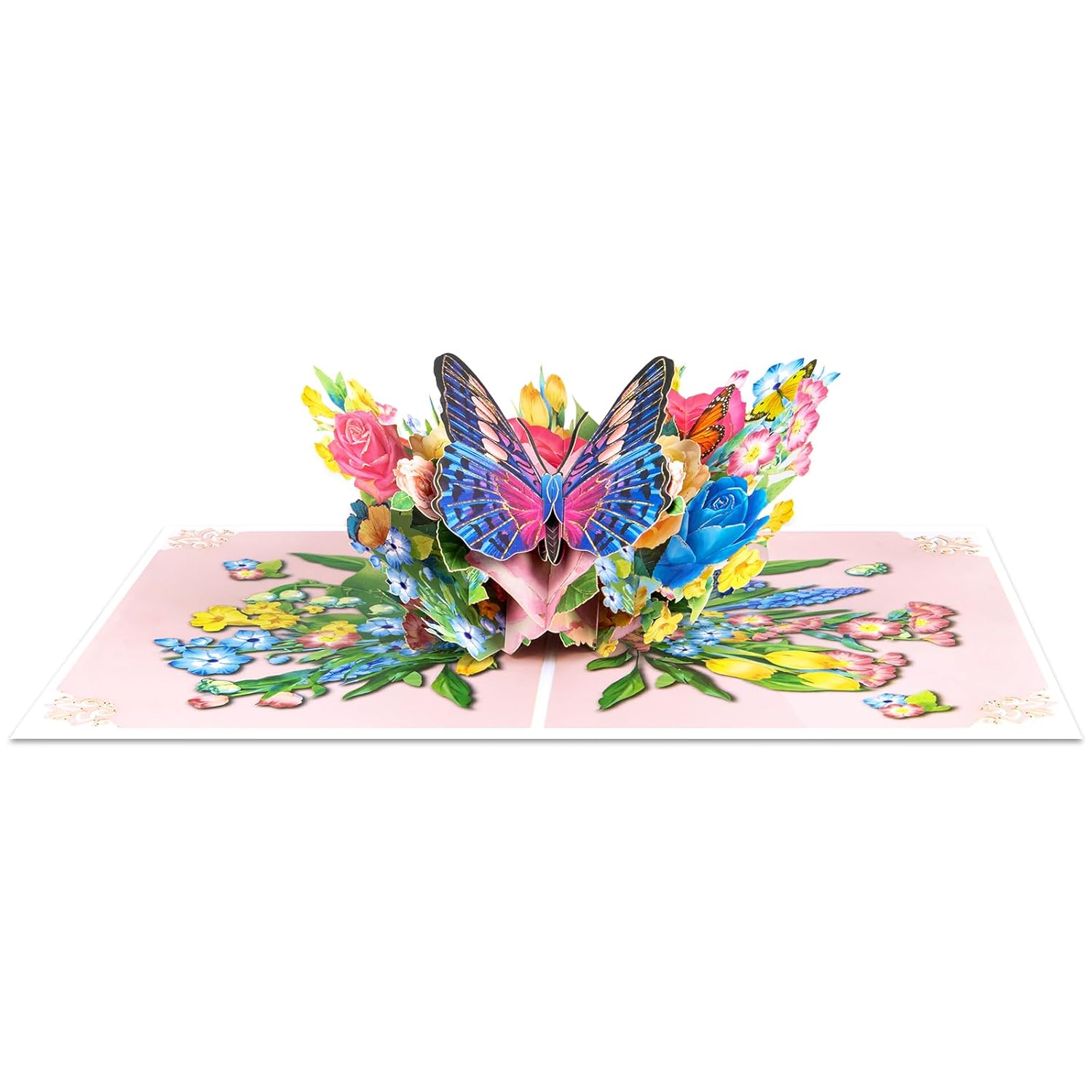 Butterfly And Pink Gold Roses Bush Pop Up Paper Flower Bouquet Greeting Card With Blank Note & Envelope, Ideal Gift For Celebrating Love, Birthday, Anniversary, Valentine'S Day