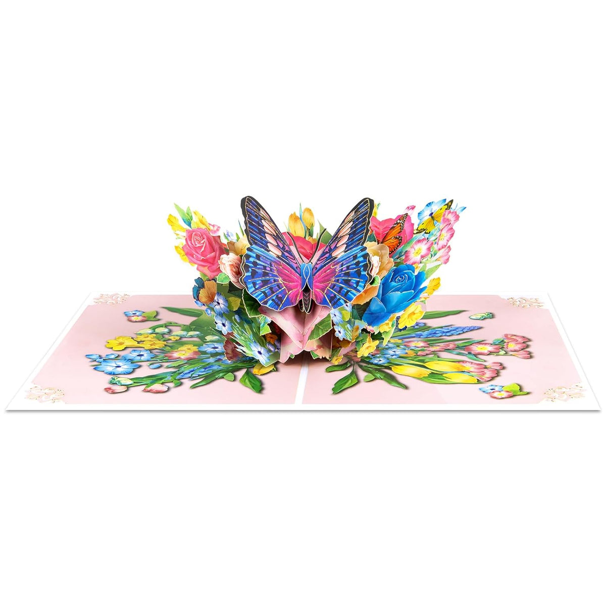 Butterfly And Pink Gold Roses Bush Pop Up Paper Flower Bouquet Greeting Card With Blank Note & Envelope, Ideal Gift For Celebrating Love, Birthday, Anniversary, Valentine'S Day