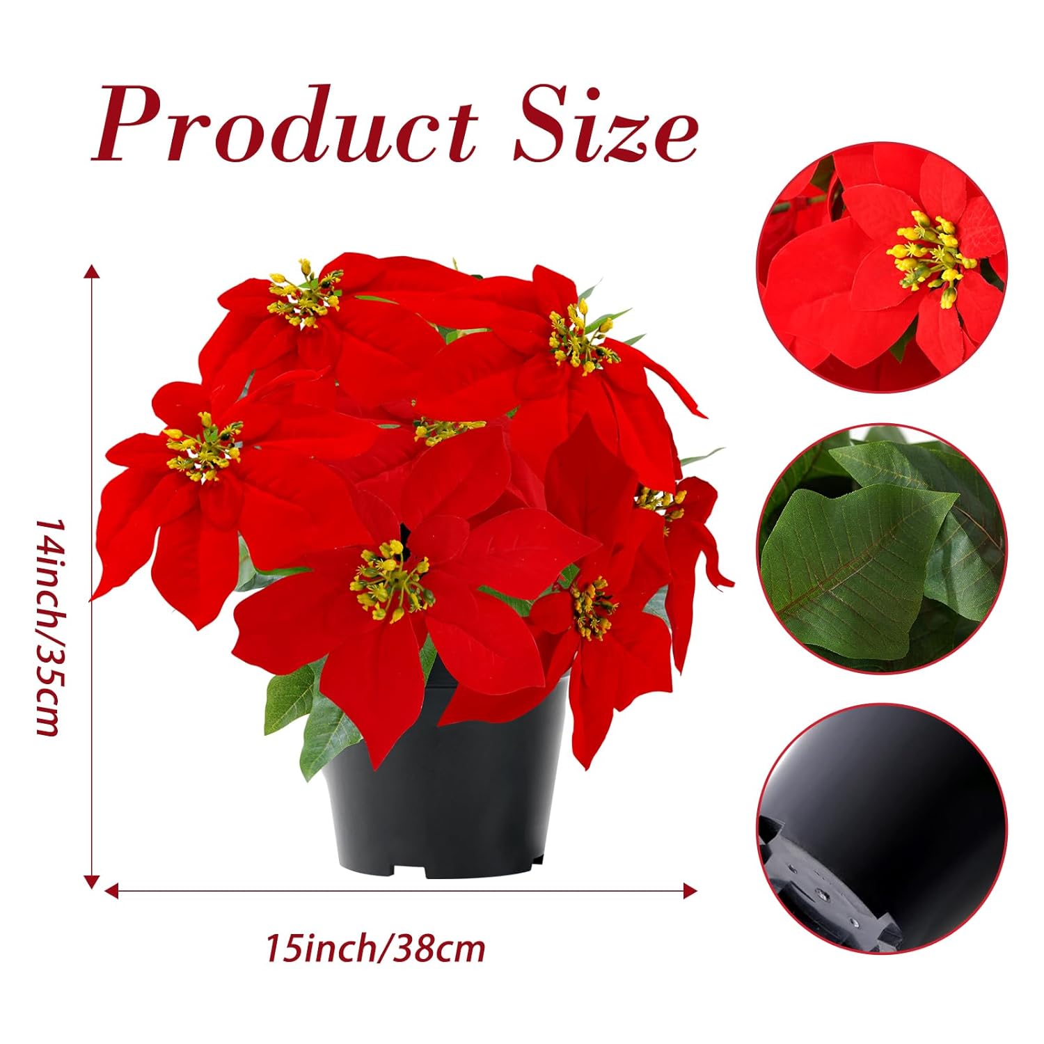 Poinsettia Plants Artificial 9 Heads 14 Inch Fake Poinsettias Christmas Flowers In Pot For Home Porch Office Indoor Outdoor Christmas Winter Decorations Red